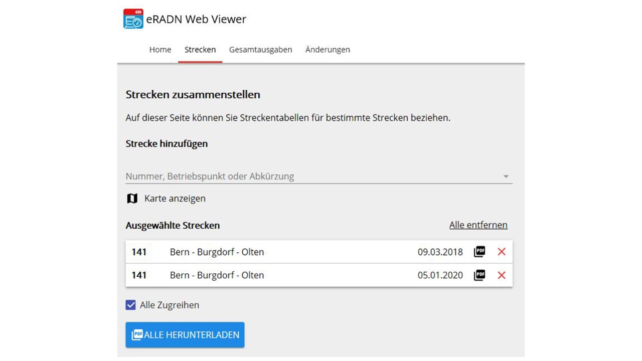 eRADN Webviewer – Screenshot Streckenselektion
Bezug von Streckentabellen für bestimmte Strecken