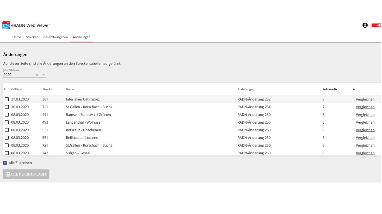 eRADN Webviewer – Screenshot Änderungen
Bezug von Änderungen der Streckentabellen